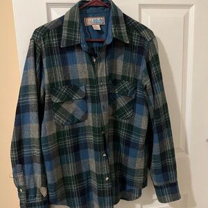 Vintage Wild River Blue Green Grey Plaid Wool Button Down Size M